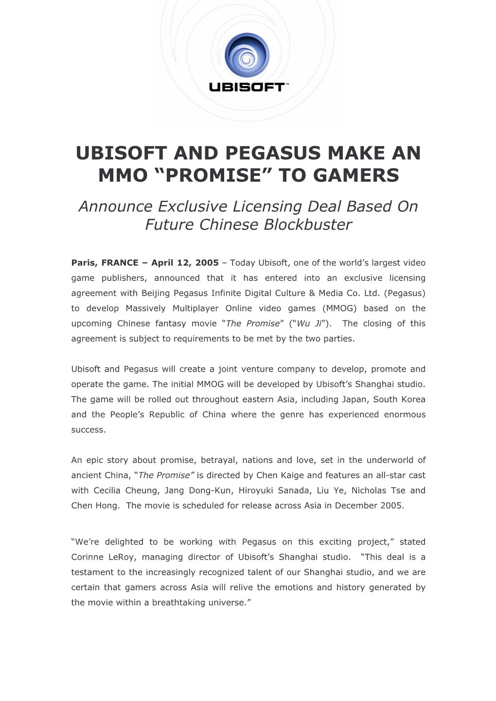 Ubisoft and Pegasus Make an Mmo —Promise“ to Gamers