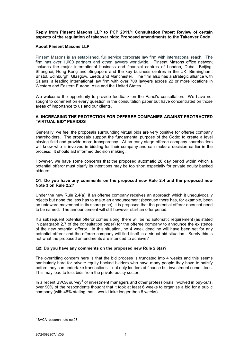 Reply from Pinsent Masons LLP to PCP 2011/1 Consultation Paper