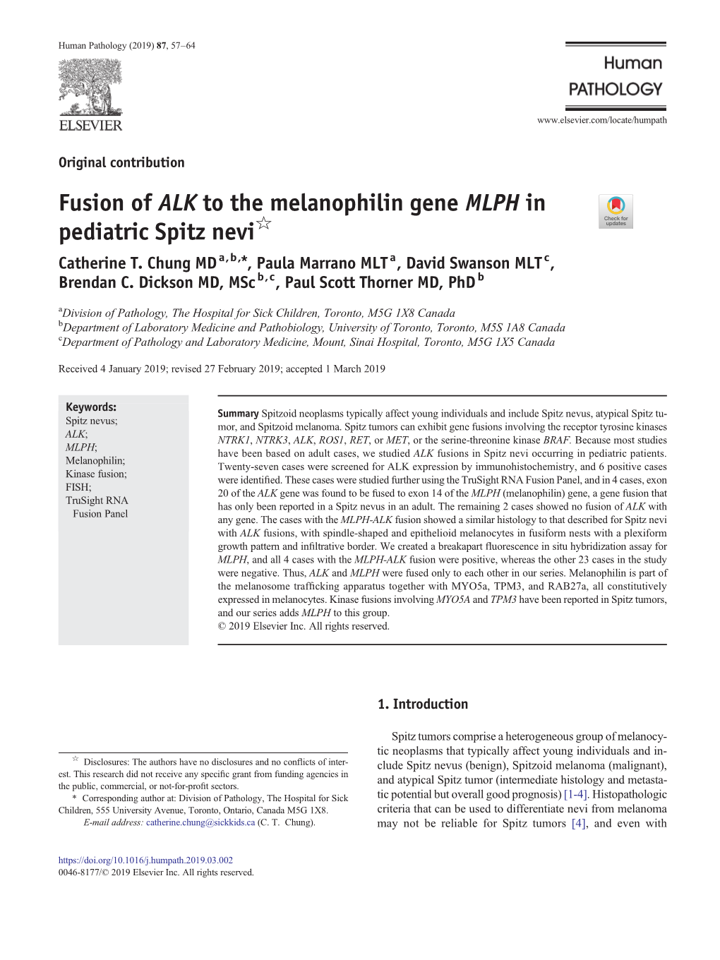 Fusion of ALK to the Melanophilin Gene MLPH in Pediatric Spitz Nevi☆ Catherine T