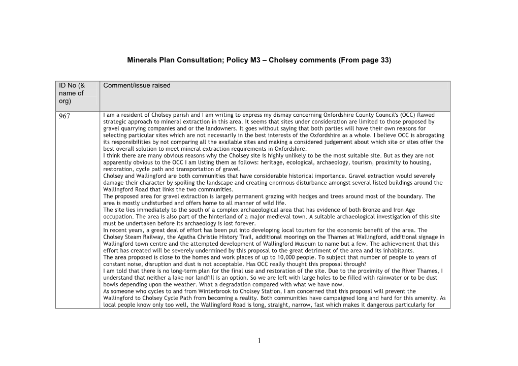 Minerals Plan Consultation; Policy M3 – Cholsey Comments (From Page 33)