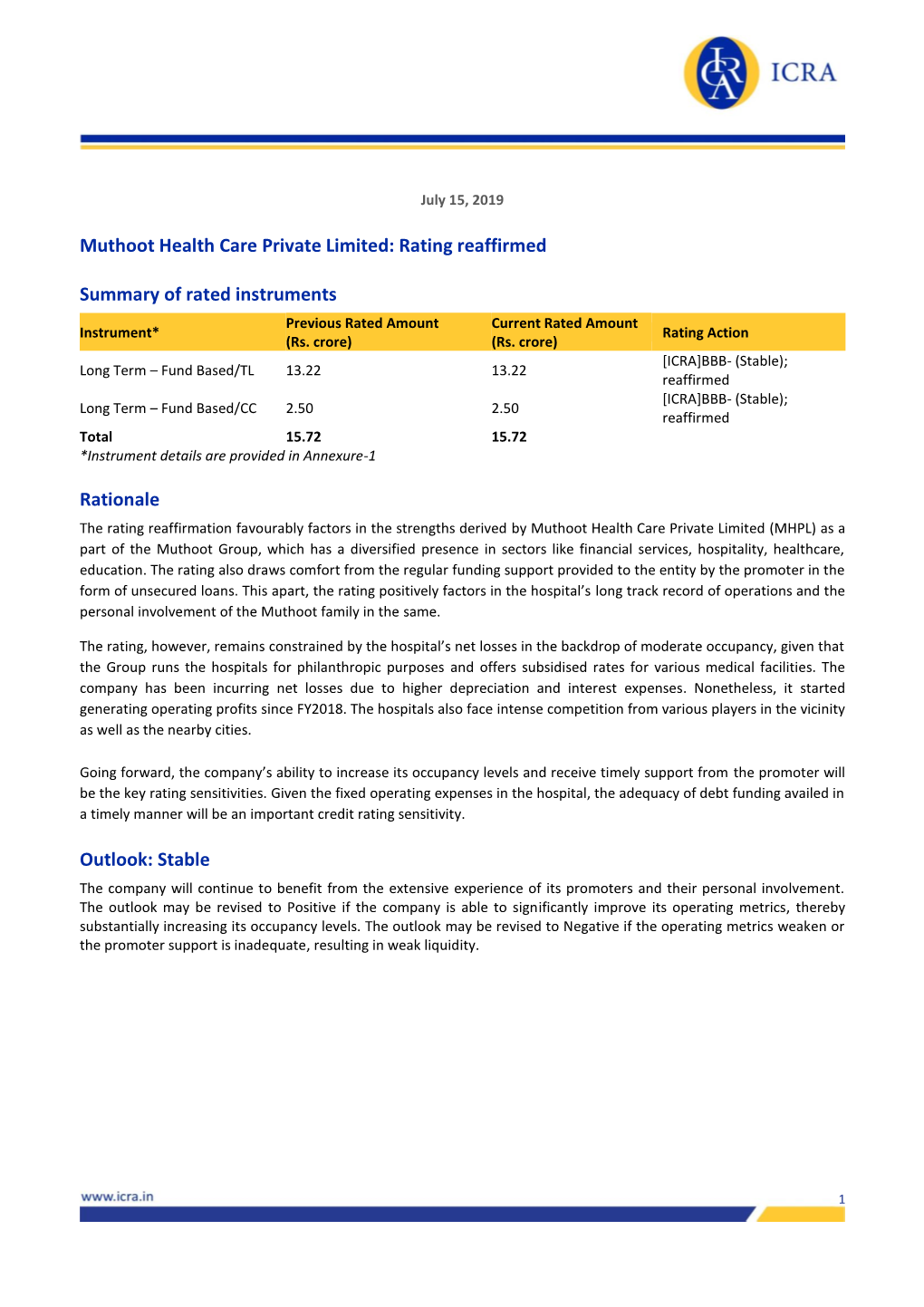 Muthoot Health Care Private Limited: Rating Reaffirmed