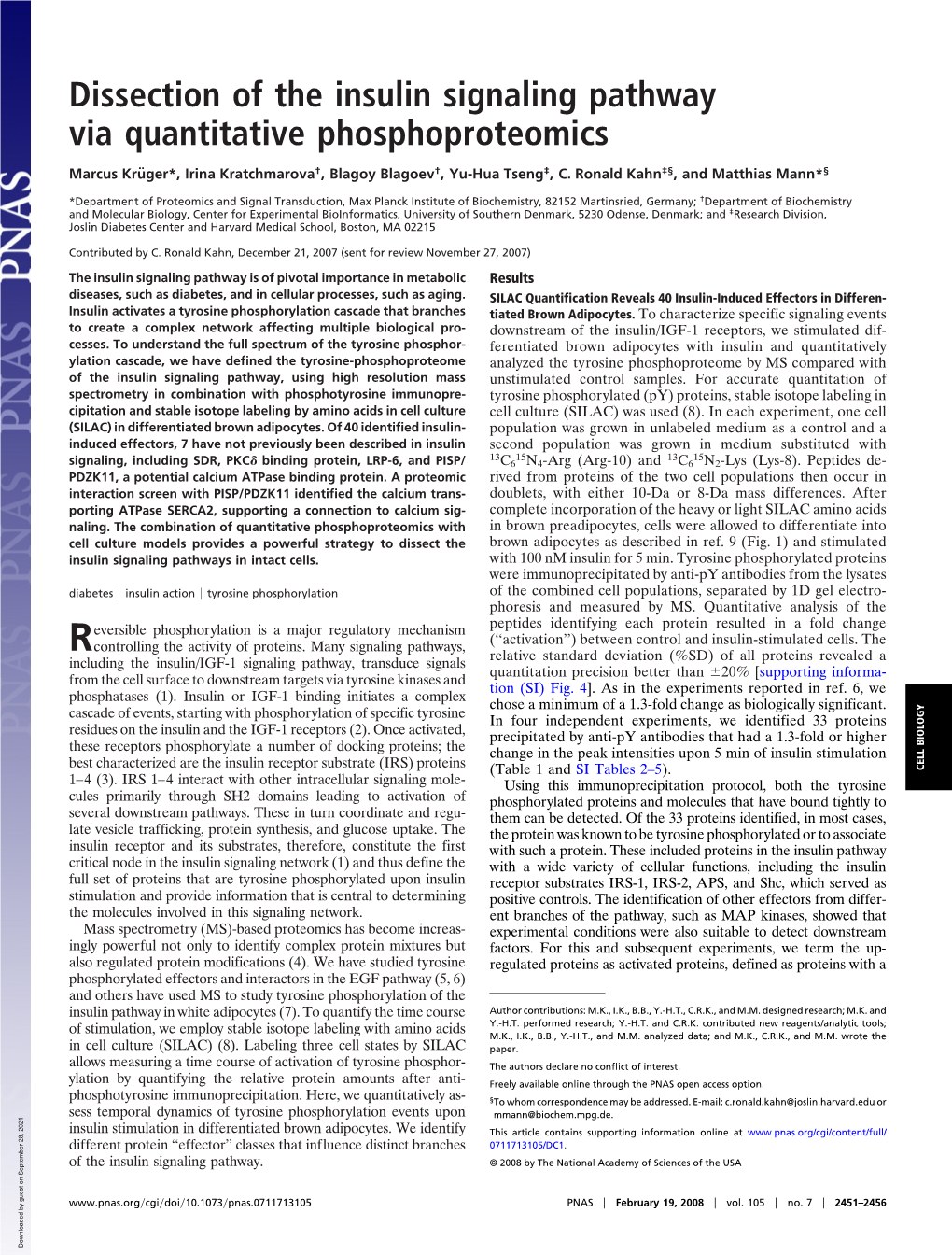 Dissection of the Insulin Signaling Pathway Via Quantitative Phosphoproteomics