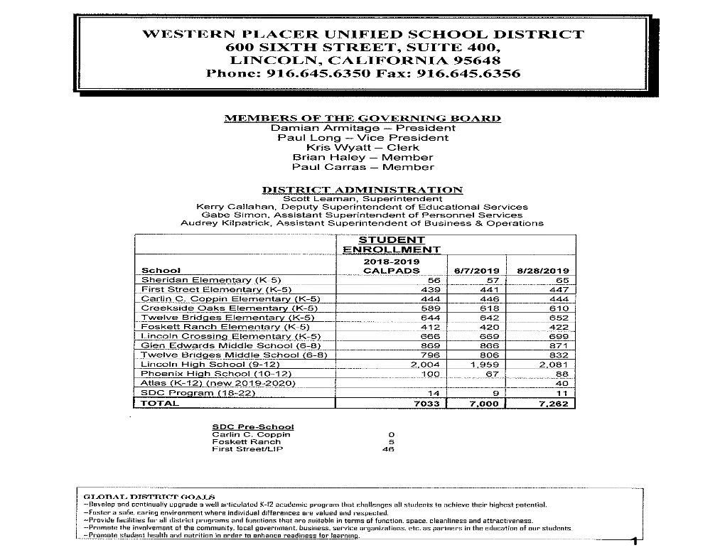 WESTERN PLACER UNIFIED SCHOOL DISTRICT 600 SIXTH STREET, SUITE 400, LINCOLN, CALIFORNIA 95648 Phone: 916.645.6350 Fax: 916.645.6356