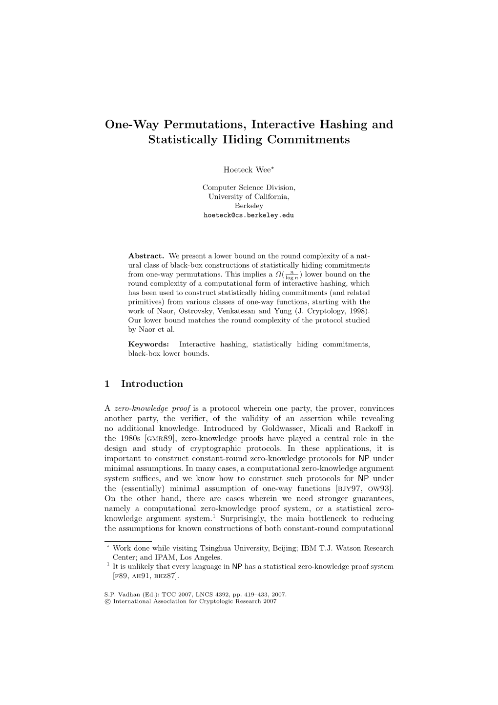 One-Way Permutations, Interactive Hashing and Statistically Hiding Commitments