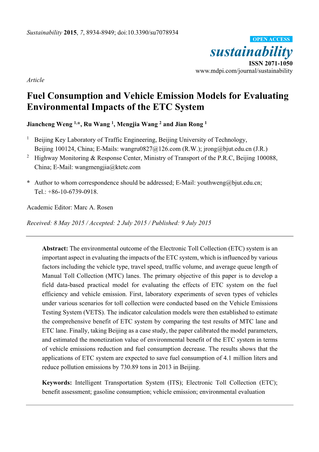 Fuel Consumption and Vehicle Emission Models for Evaluating Environmental Impacts of the ETC System