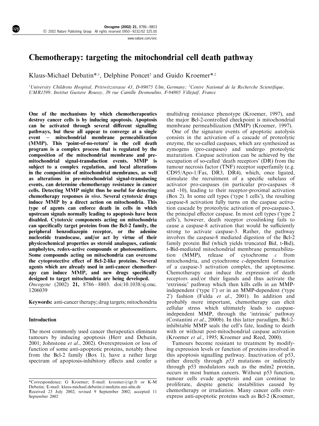 Chemotherapy: Targeting the Mitochondrial Cell Death Pathway