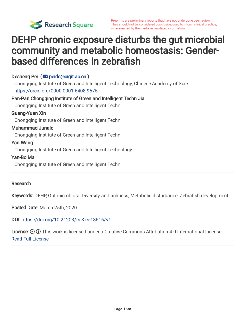 DEHP Chronic Exposure Disturbs the Gut Microbial Community and Metabolic Homeostasis: Gender- Based Differences in Zebrafsh