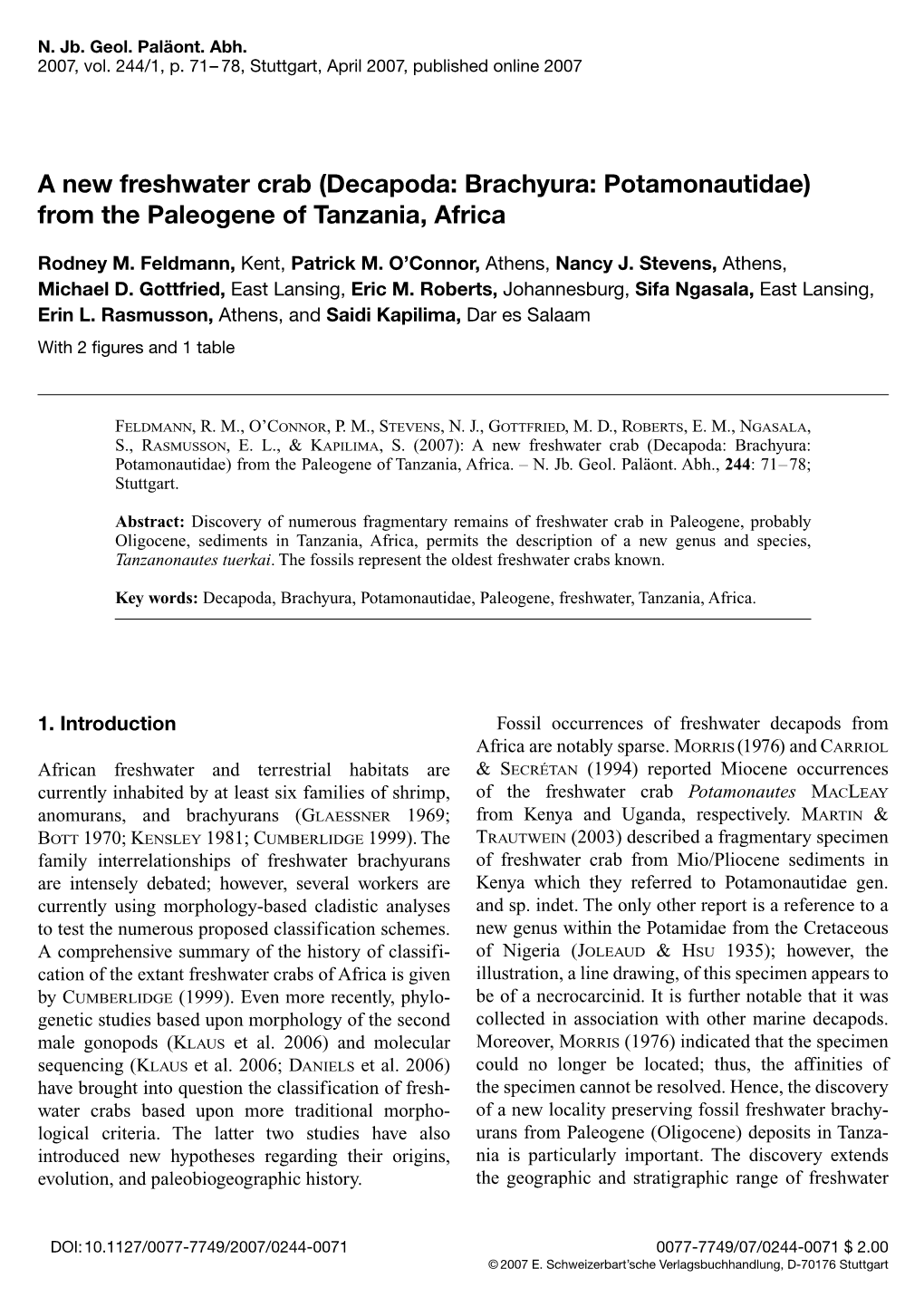 A New Freshwater Crab (Decapoda: Brachyura: Potamonautidae) from the Paleogene of Tanzania, Africa