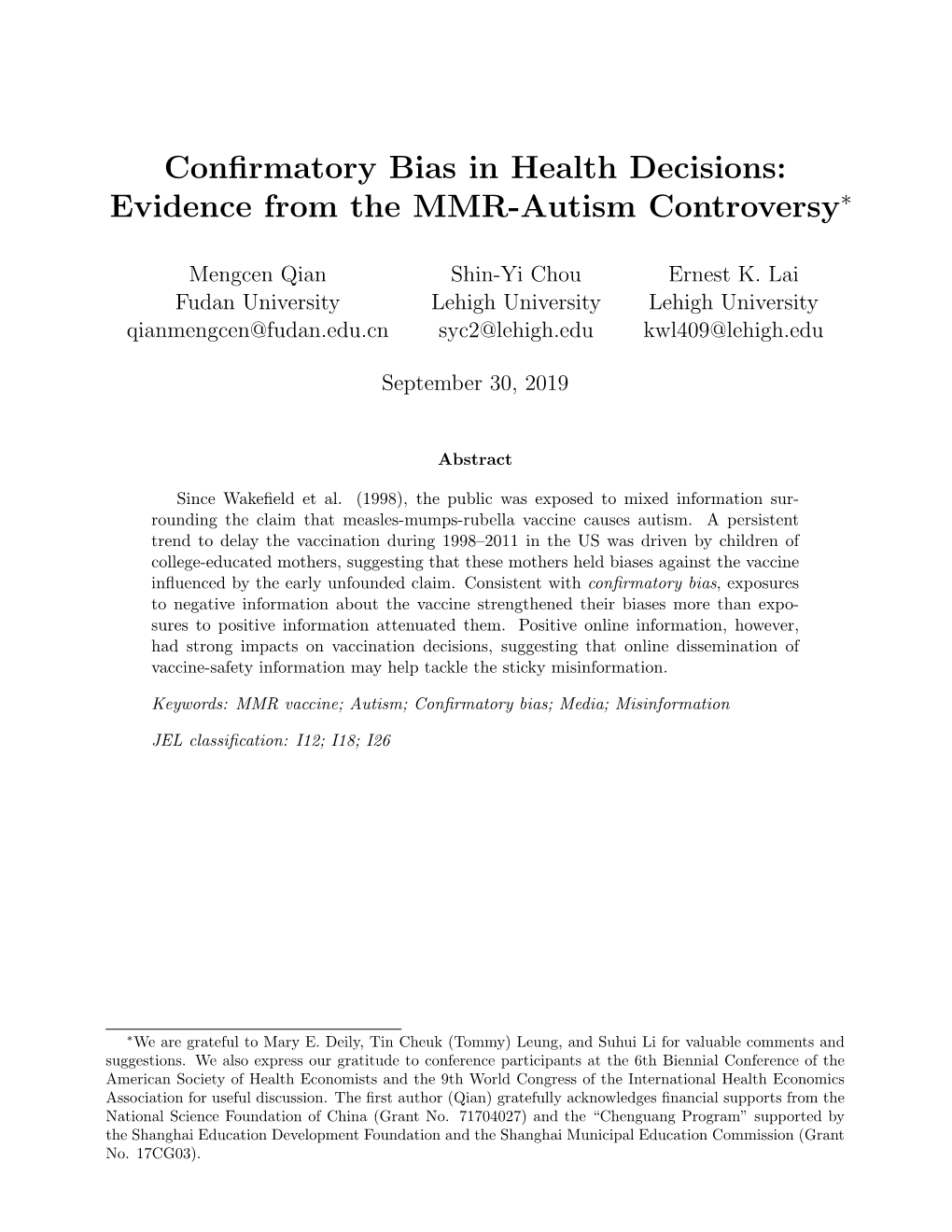 Confirmatory Bias in Health Decisions: Evidence from the MMR