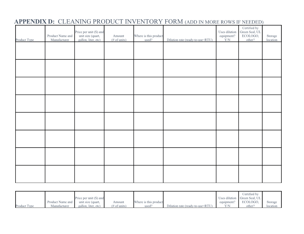 Cleaning Product Inventory Form (Appendix D, Healthy Cleaning & Asthma-Safer Schools: A