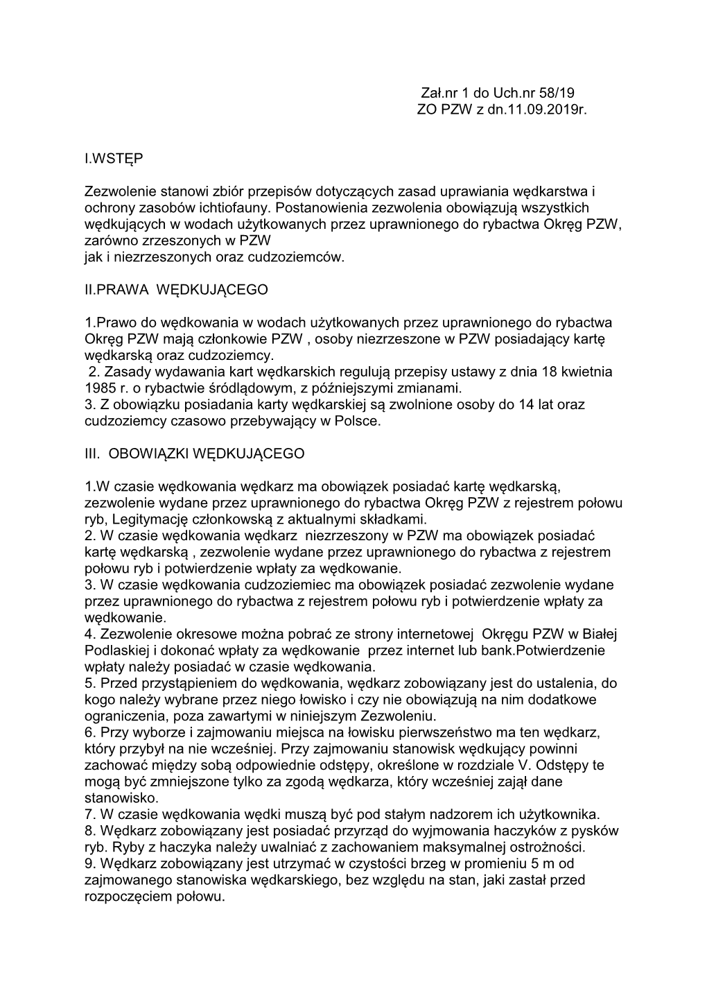 Zał.Nr 1 Do Uch.Nr 58/19 ZO PZW Z Dn.11.09.2019R. I.WSTĘP Zezwolenie Stanowi Zbiór Przepisów Dotyczących Zasad Uprawiania