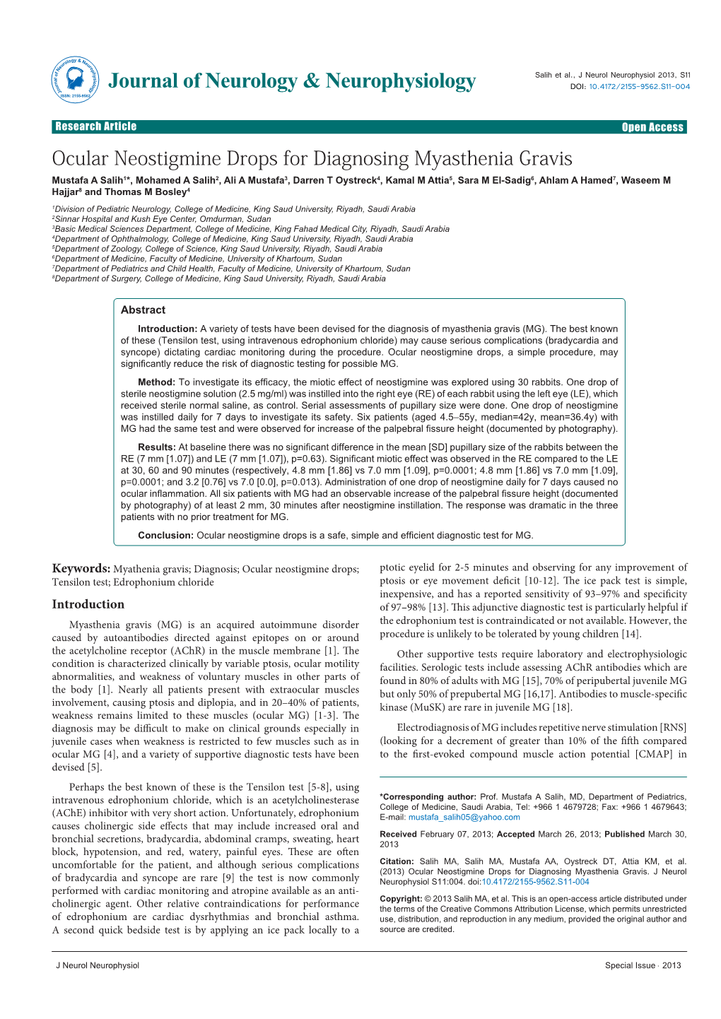 Ocular Neostigmine Drops for Diagnosing Myasthenia Gravis