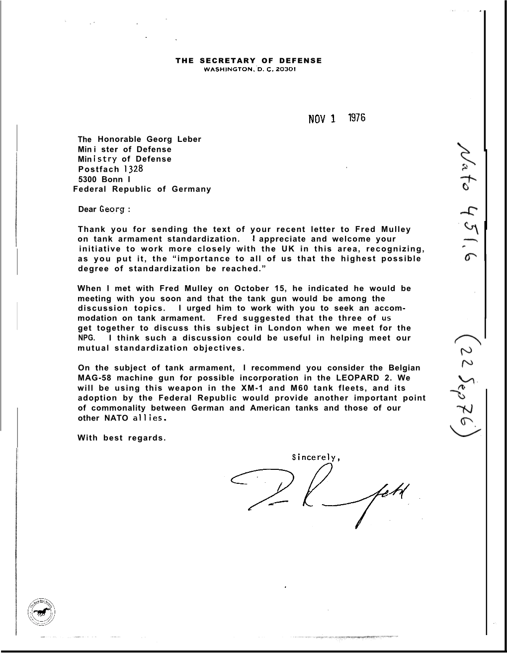 1976-11-01 from Eugene V. Mcauliffe Re Letter to MOD Leber on Tank