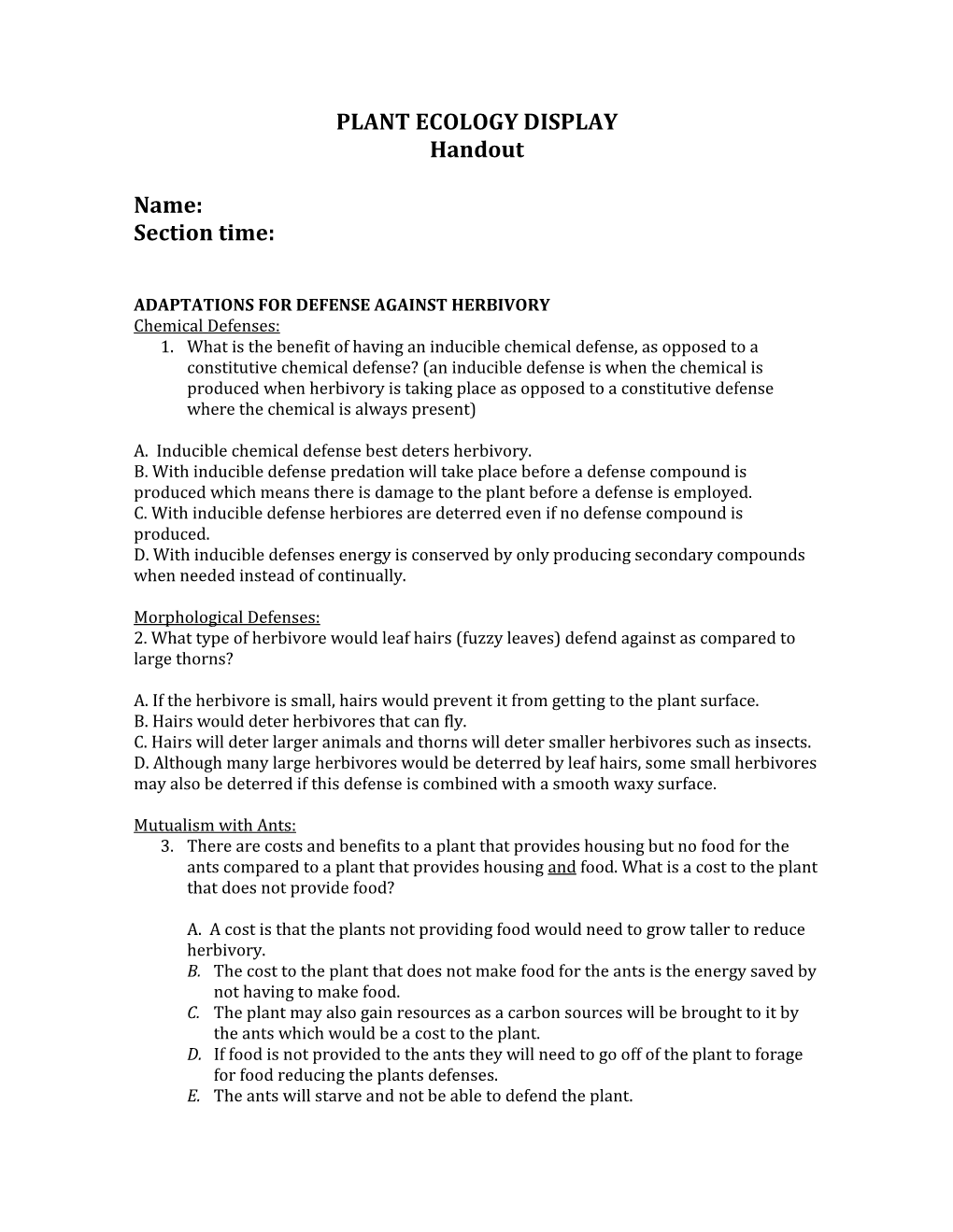 PLANT ECOLOGY DISPLAY Handout Name: Section Time