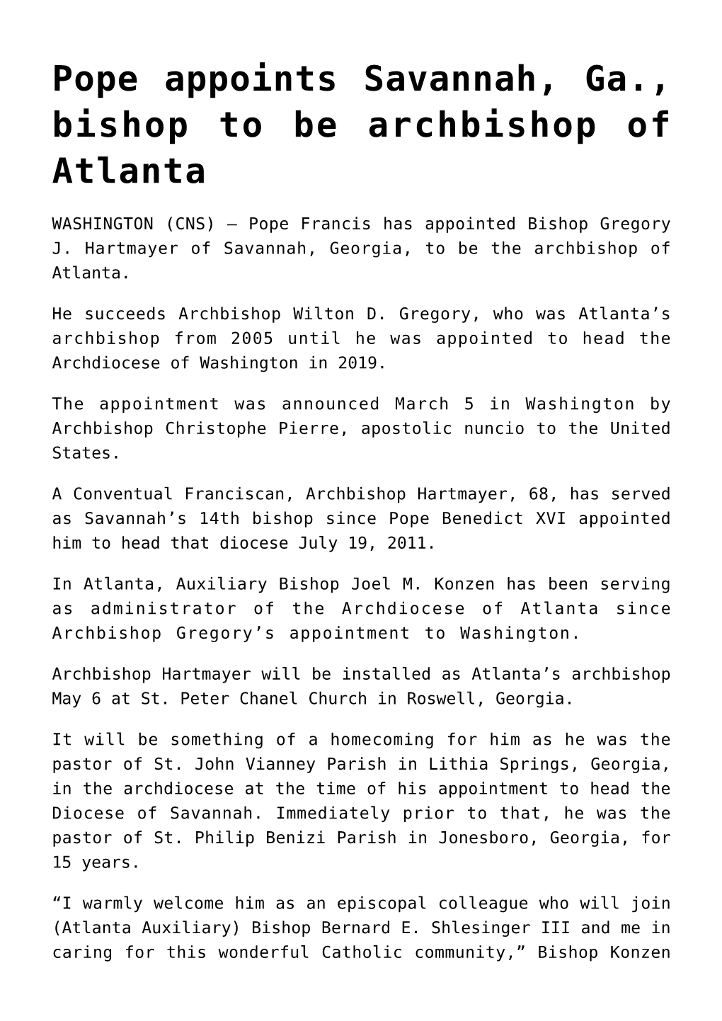 Pope Appoints Savannah, Ga., Bishop to Be Archbishop of Atlanta