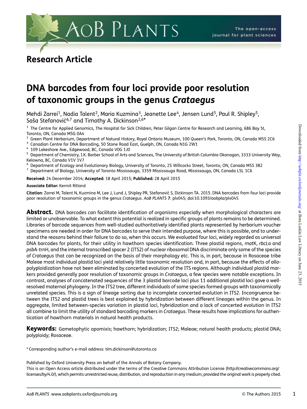 DNA Barcodes from Four Loci Provide Poor Resolution of Taxonomic Groups in the Genus Crataegus