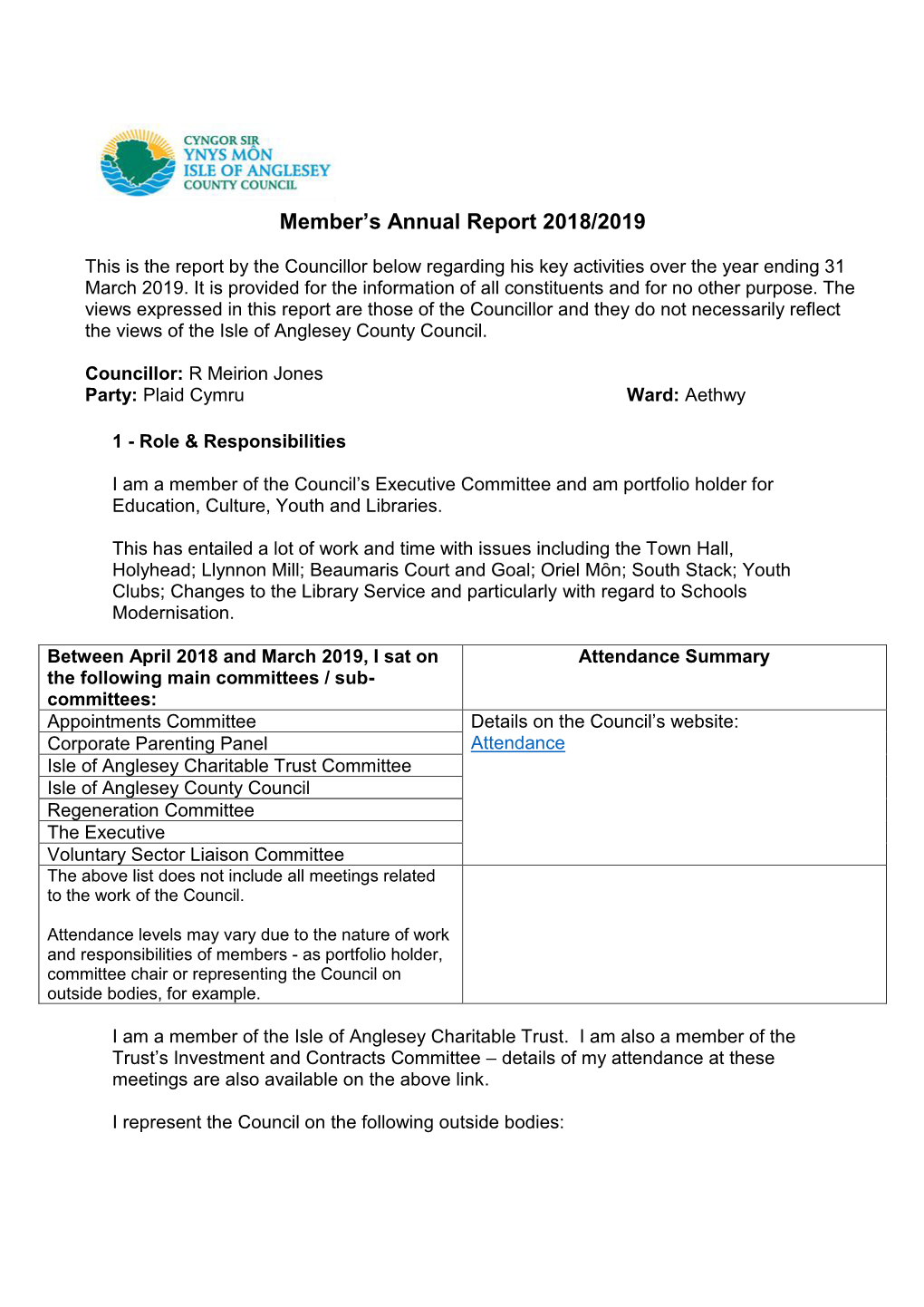 Member's Annual Report 2018/2019