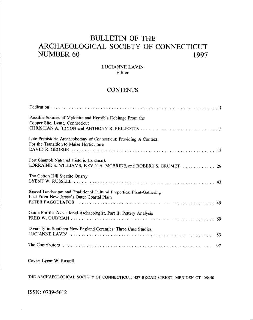 Bulletin of the Archaeological Society of Connecticut Number 60 1997