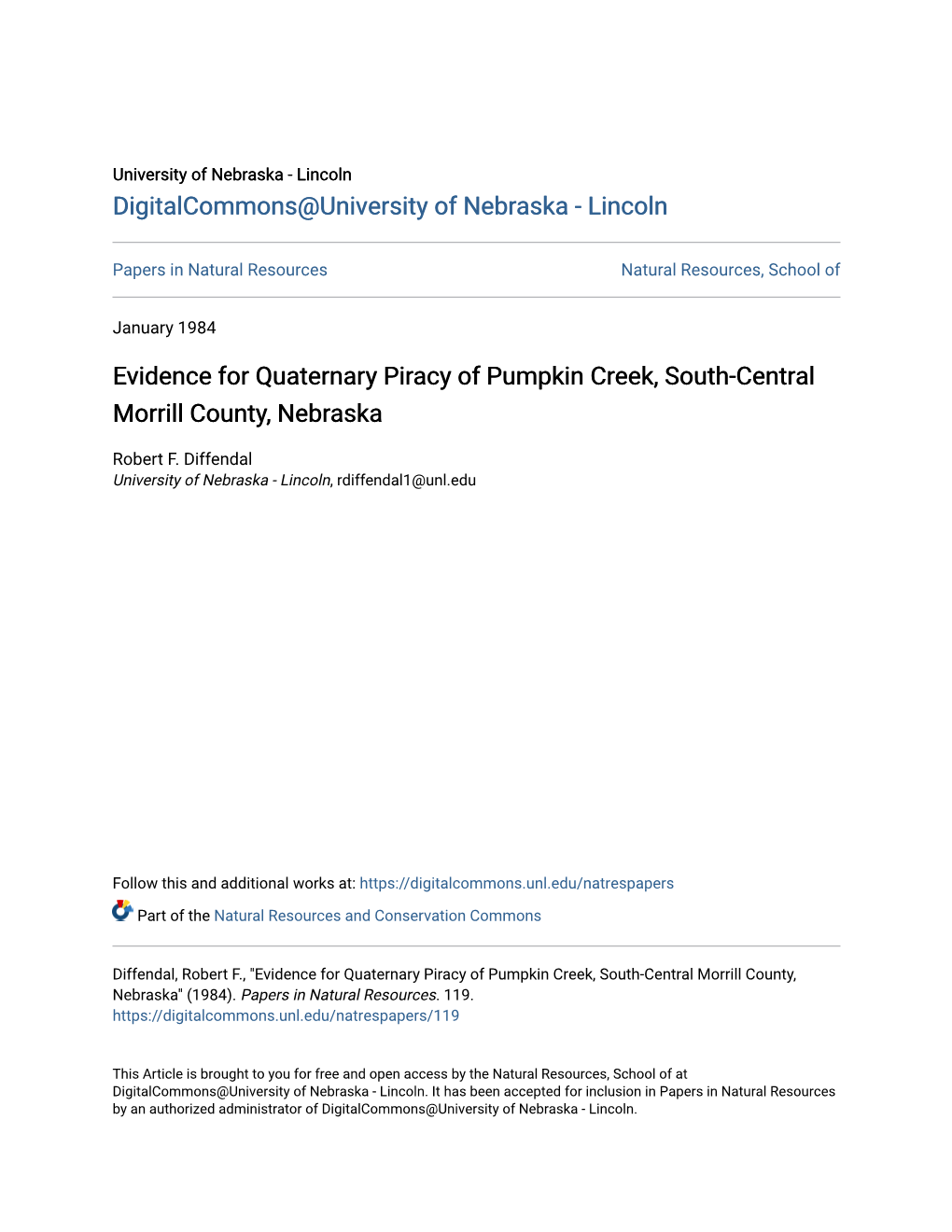 Evidence for Quaternary Piracy of Pumpkin Creek, South-Central Morrill County, Nebraska