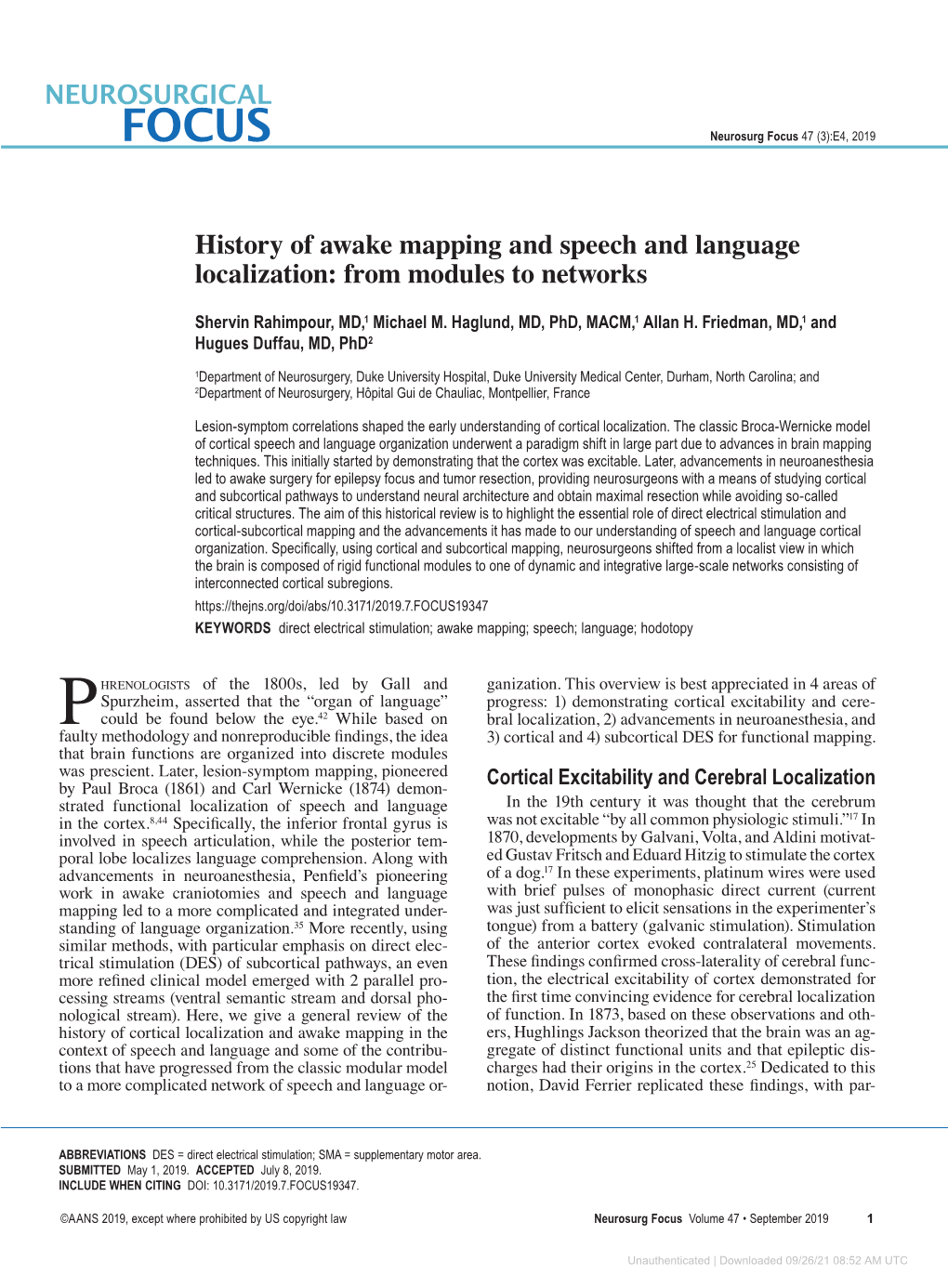 History of Awake Mapping and Speech and Language Localization: from Modules to Networks