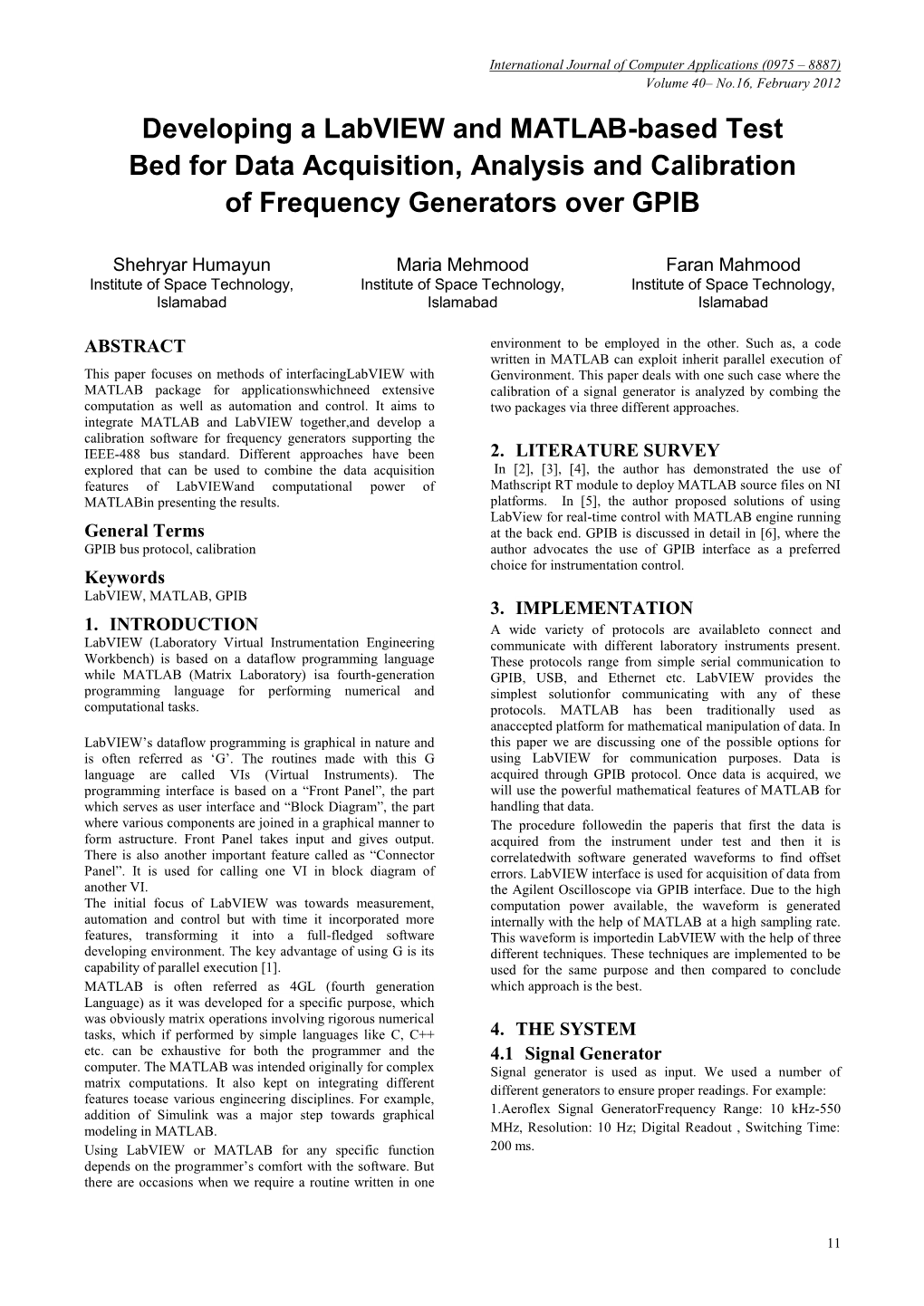 Developing a Labview and MATLAB-Based Test Bed for Data Acquisition, Analysis and Calibration of Frequency Generators Over GPIB