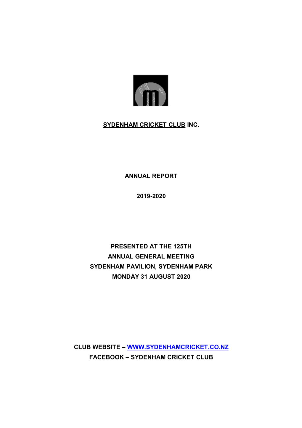 Sydenham Cricket Club Inc . Annual Report 2019-2020