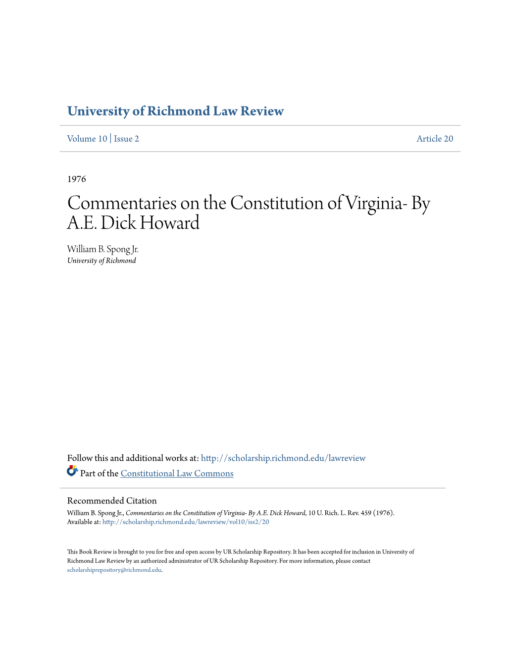 Commentaries on the Constitution of Virginia- by A.E. Dick Howard William B