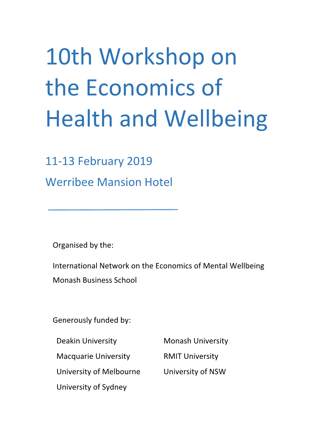10Th Workshop on the Economics of Health and Wellbeing