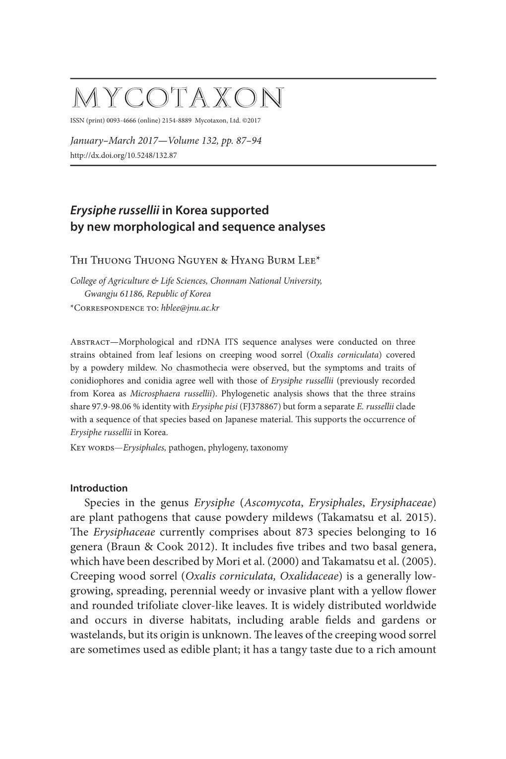 &lt;I&gt;Erysiphe Russellii&lt;/I&gt; in Korea Supported by New Morphological