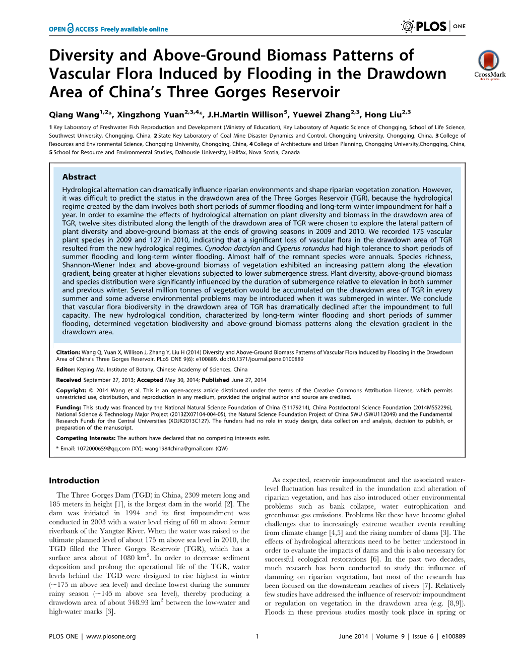 Diversity and Above-Ground Biomass Patterns of Vascular Flora Induced by Flooding in the Drawdown Area of China’S Three Gorges Reservoir