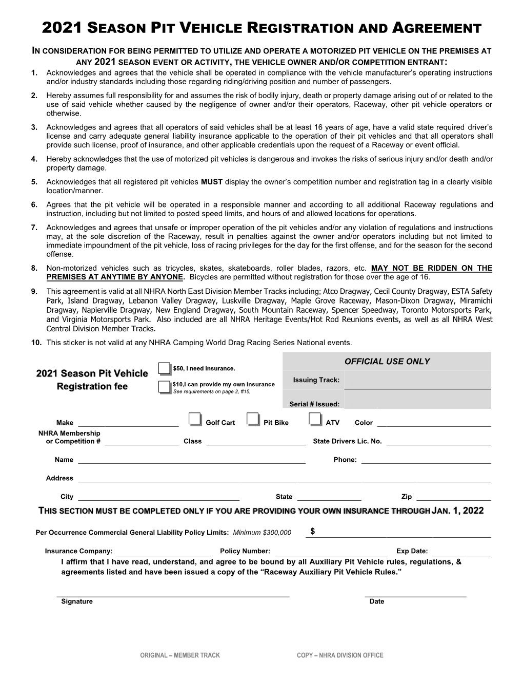 Division 1 Pit Vehicle Registration and Agreement
