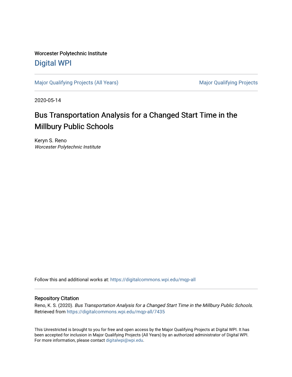 Bus Transportation Analysis for a Changed Start Time in the Millbury Public Schools