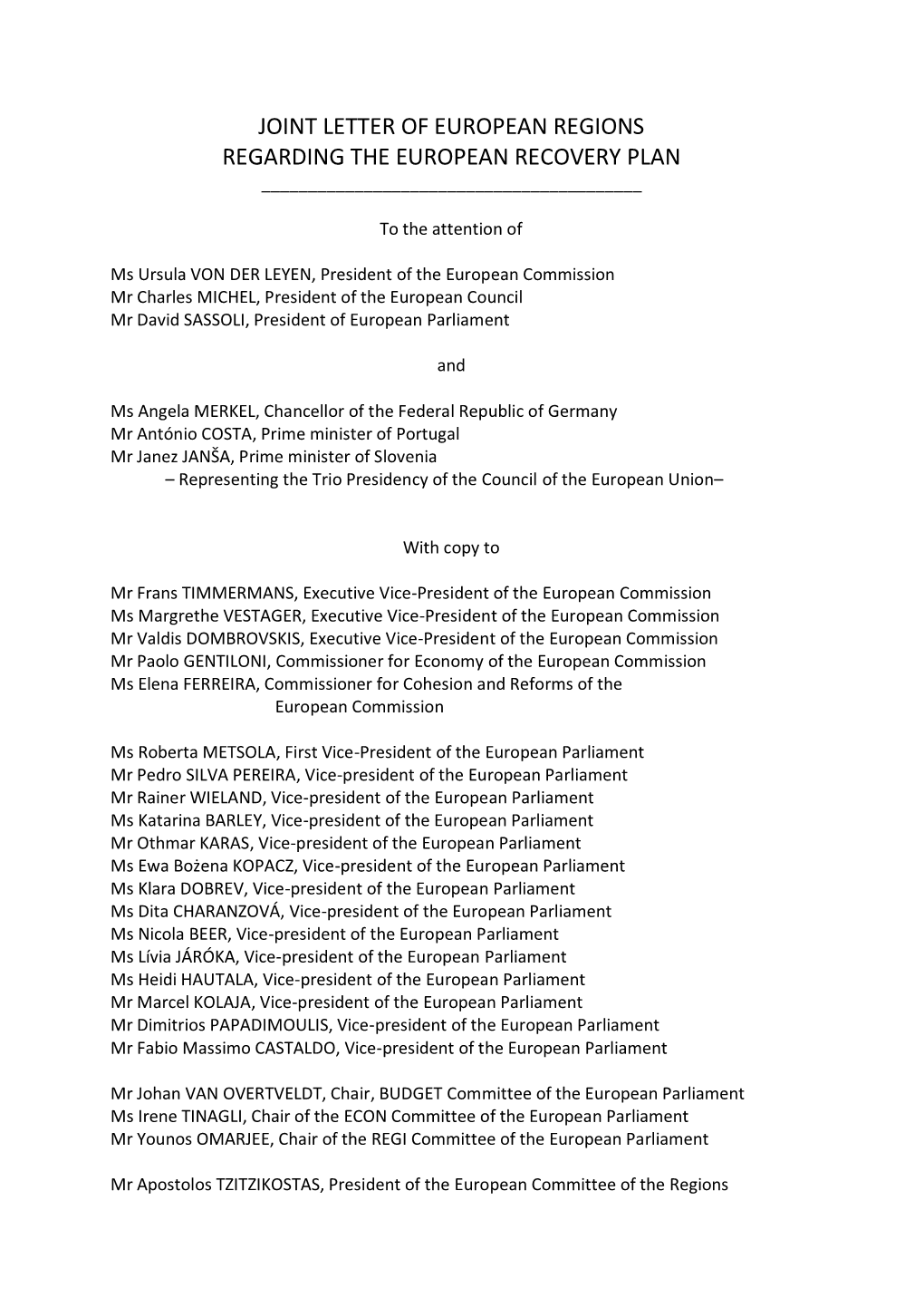 Joint Letter of European Regions Regarding the European Recovery Plan ______