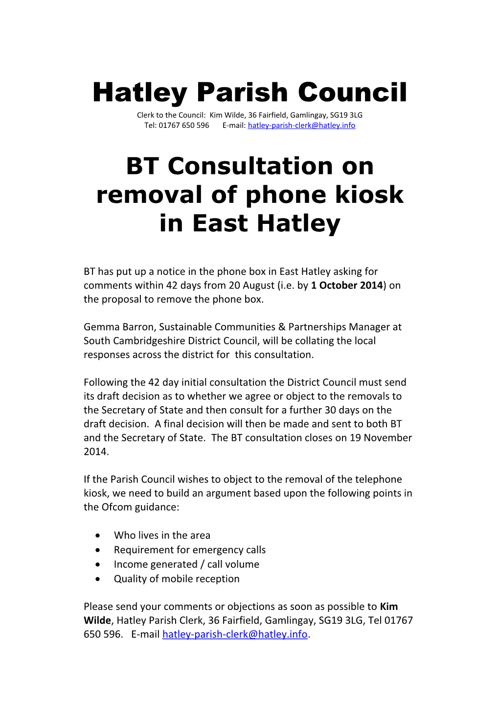 BT Consultation on Removal of Telephone Kiosk in East Hatley