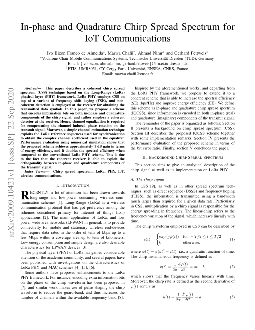 In-Phase and Quadrature Chirp Spread Spectrum for Iot Communications