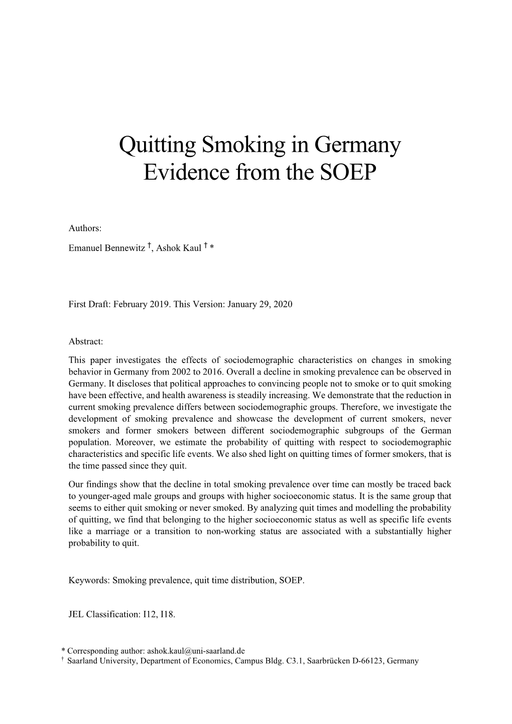 Quitting Smoking in Germany Evidence from the SOEP