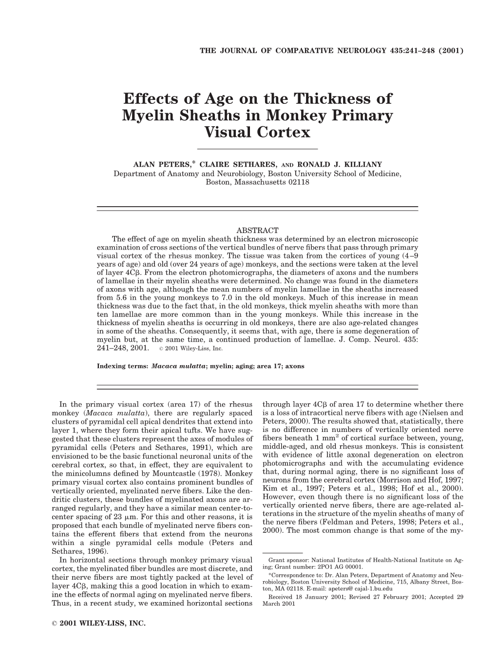 Effects of Age on the Thickness of Myelin Sheaths in Monkey Primary Visual Cortex