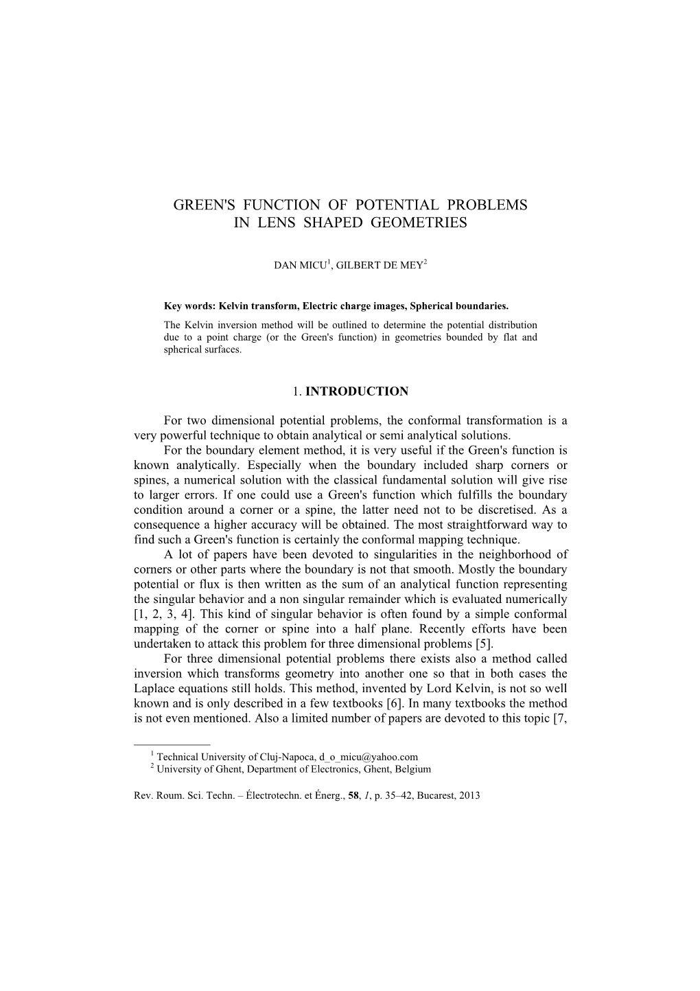 Green's Function of Potential Problems in Lens Shaped Geometries