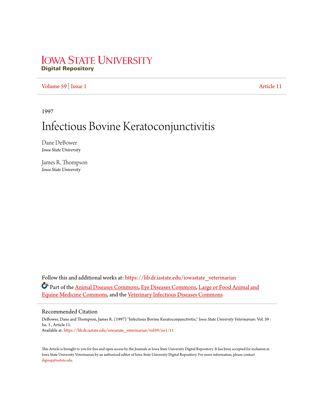 Infectious Bovine Keratoconjunctivitis Dane Debower Iowa State University