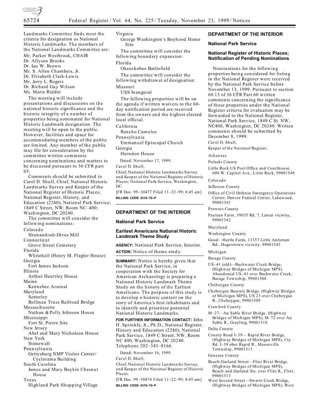 Federal Register/Vol. 64, No. 225/Tuesday, November 23, 1999