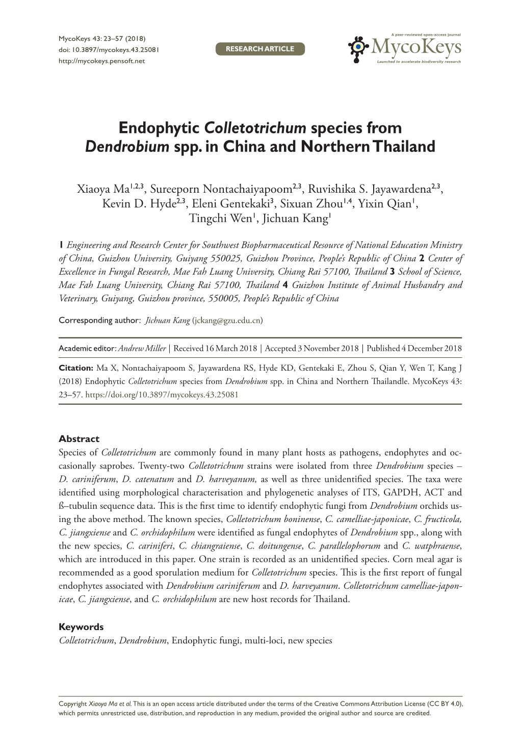 Endophytic Colletotrichum Species from Dendrobium Spp. in China and Northern Thailand