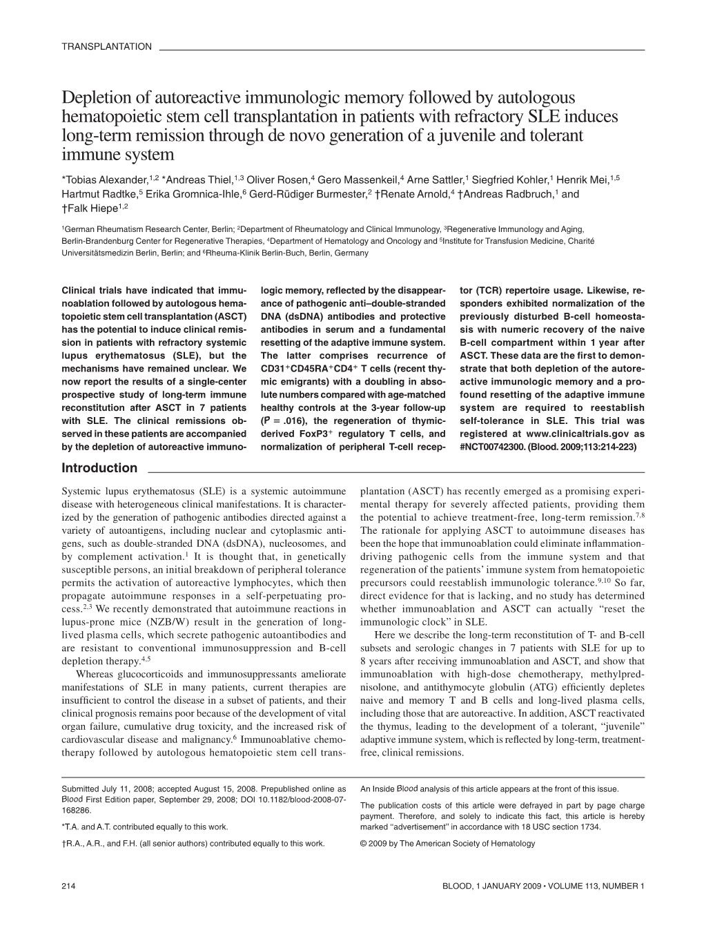 Depletion of Autoreactive Immunologic Memory Followed by Autologous