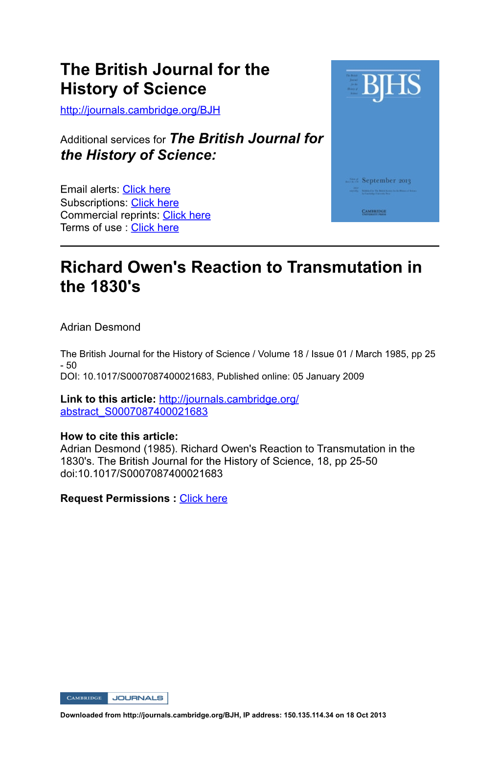 Richard Owen's Reaction to Transmutation in the 1830'S