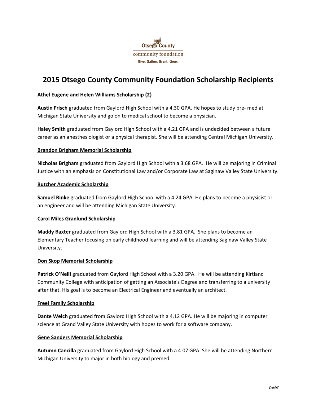 2015 Otsego County Community Foundation Scholarship Recipients