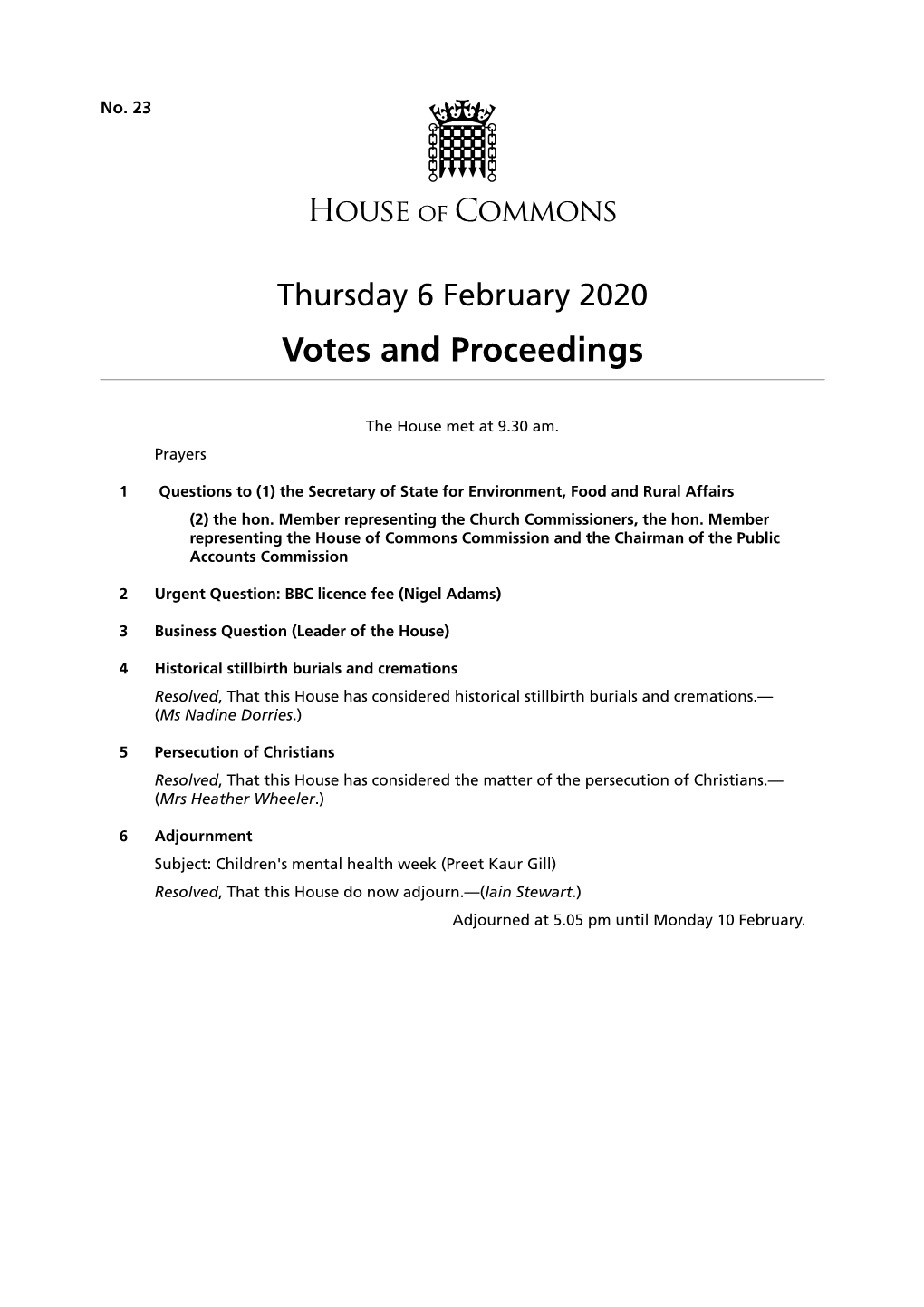 Votes and Proceedings for 6 Feb 2020