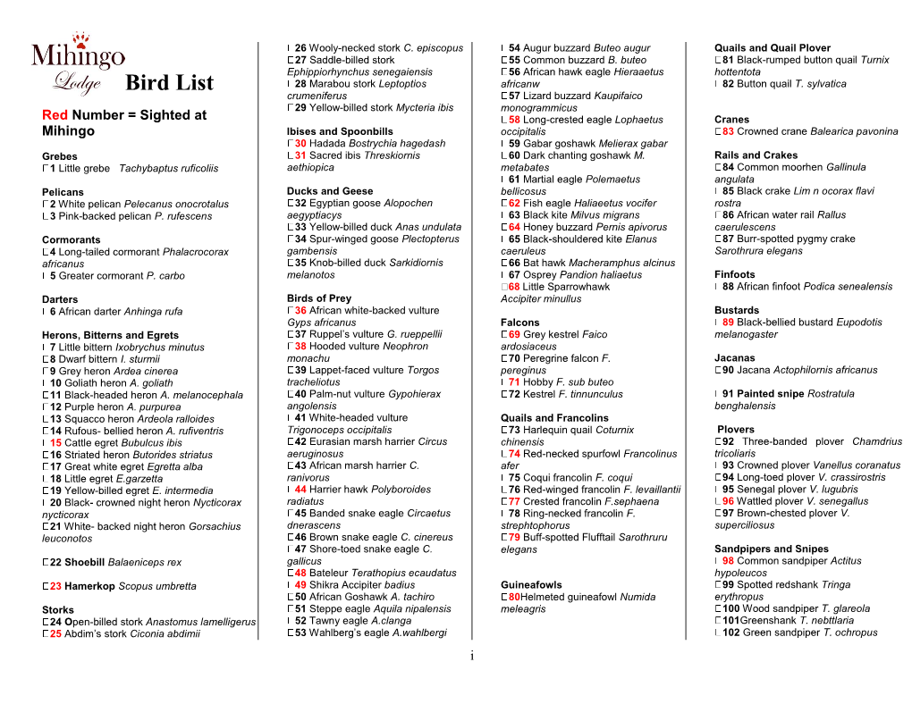 Bird List for Mihingo Lodge