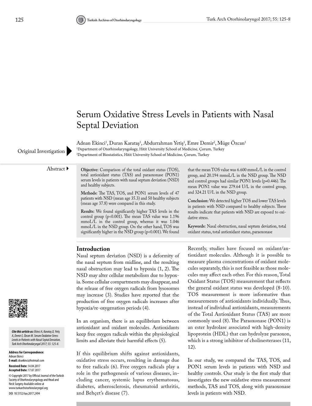 Serum Oxidative Stress Levels in Patients with Nasal Septal Deviation