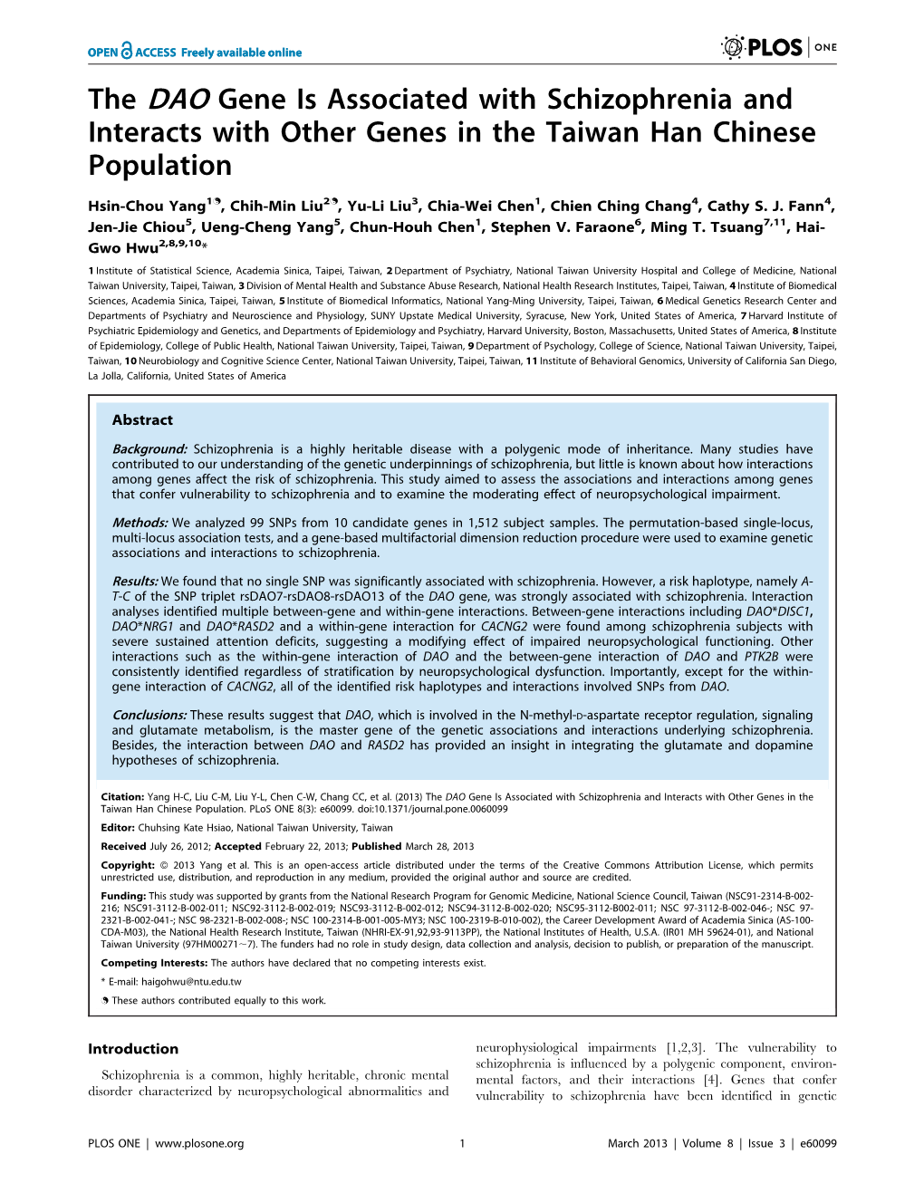 The DAO Gene Is Associated with Schizophrenia and Interacts with Other Genes in the Taiwan Han Chinese Population