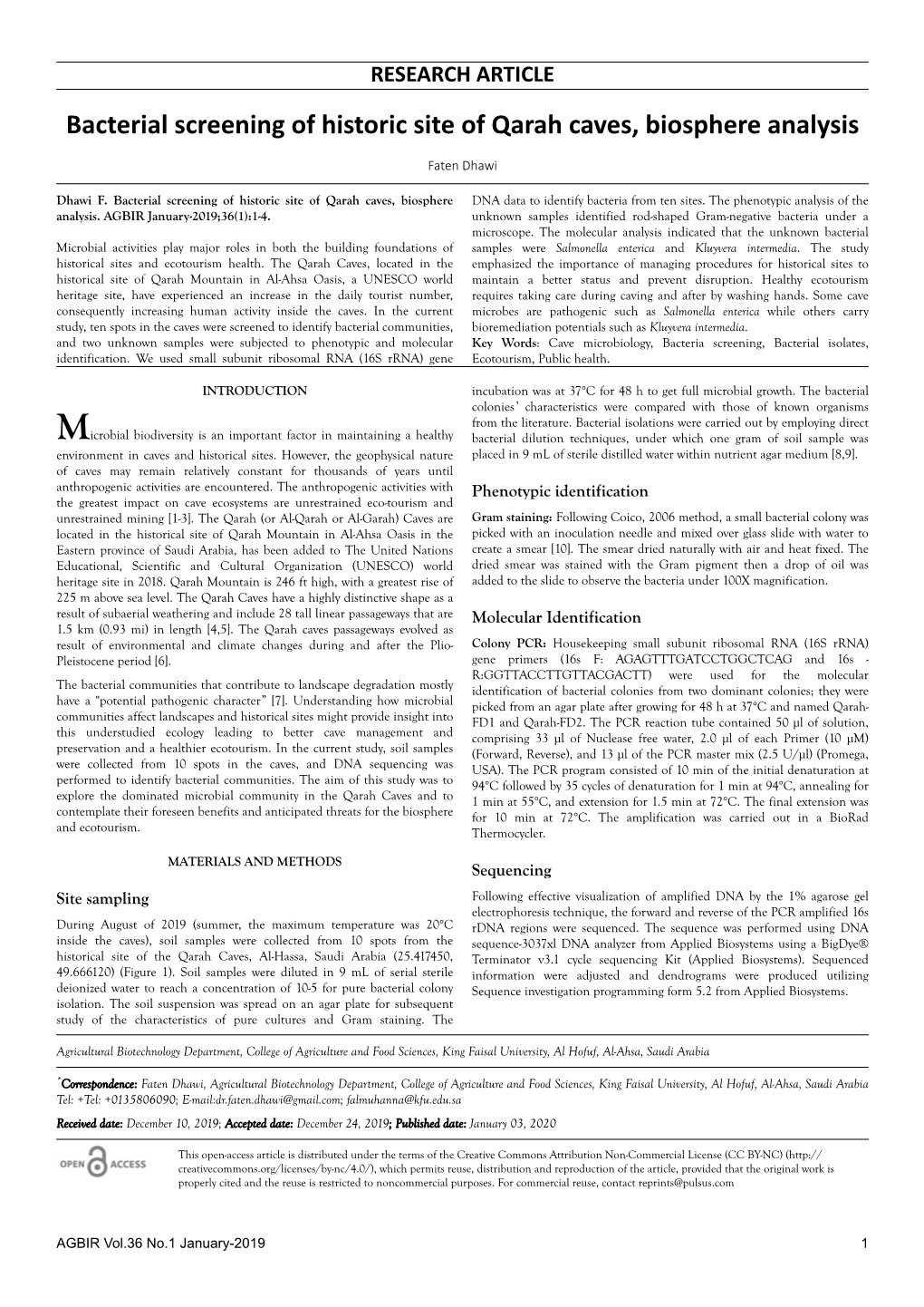 Bacterial Screening of Historic Site of Qarah Caves, Biosphere Analysis