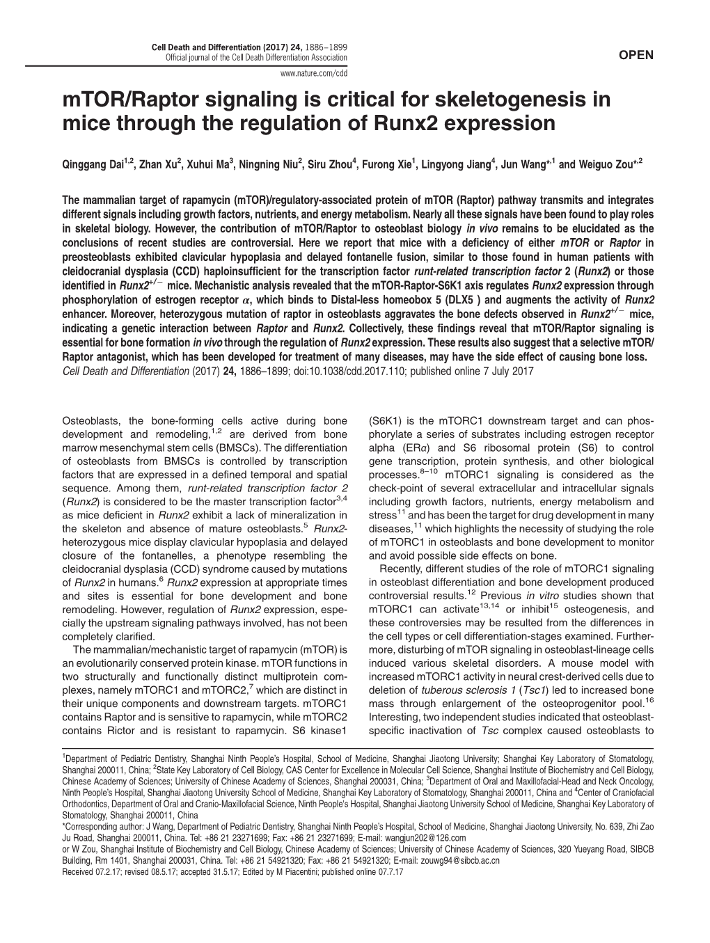 Mtor/Raptor Signaling Is Critical for Skeletogenesis in Mice Through the Regulation of Runx2 Expression